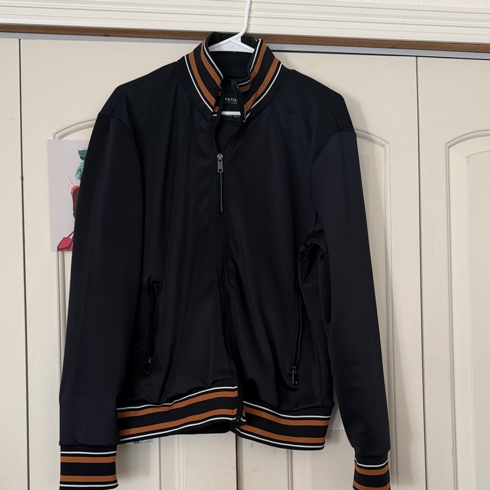 Zara Black Bomber Jacket with Brown Stripes